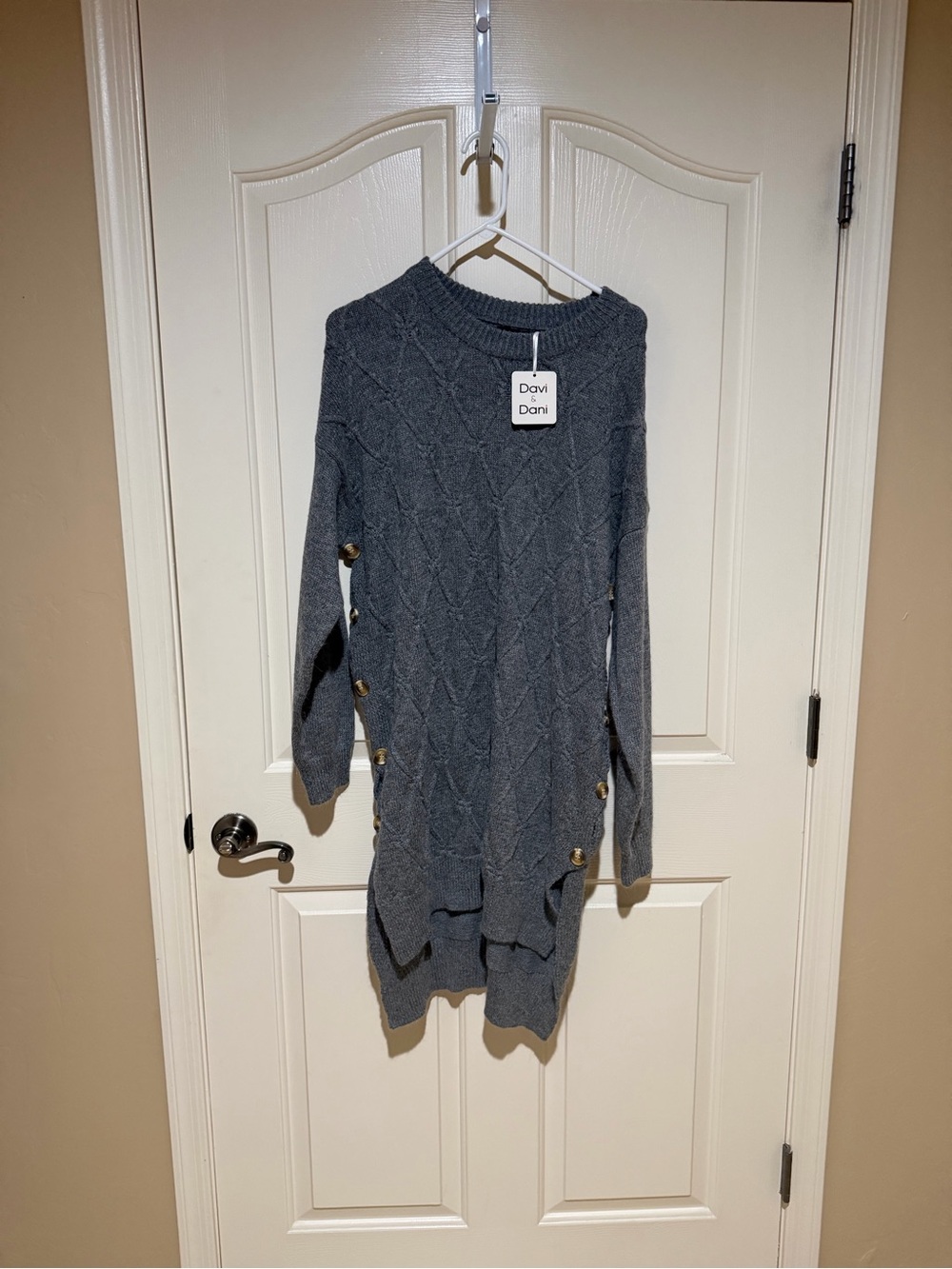 DAVI & DANI Charcoal Gray Cable Knit Side-Button Sweater Dress